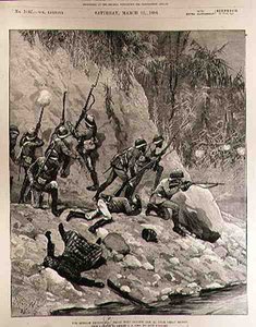 De Birma Expeditie: Gevecht met Dacoits, 12 januari, nabij Shoay Green, uit The Illustrated London News, 13 maart 1886 door Richard Caton II Woodville