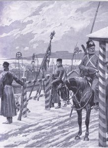 Een Kozakkenstation in Mantsjoerije met stamtekens boven de hutten van de mannen, illustratie uit Cassells History of the Russo-Japanese War Vol 1, ca. 1900 door Richard Caton Woodville