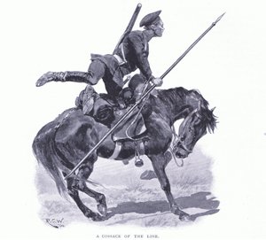 Een Kozak van de linie, illustratie uit Cassells History of the Russo-Japanese War Vol 1, ca. 1900 door Richard Caton Woodville