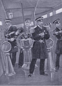 Admiraal Togo in de commandotoren van zijn vlaggenschip, een zeeslag leidend, illustratie uit Cassells History of the Russo-Japanese War Vol 1, ca. 1900 door Richard Caton Woodville