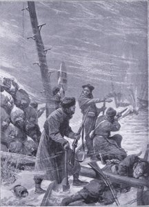 Aanval op de spoorweg door Chunchuses, illustratie uit Cassells History of the Russo-Japanese War Vol 1, ca. 1900 door Richard Caton Woodville