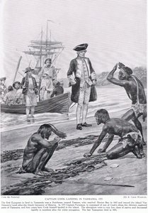 Kapitein Cook landt in Tasmanië, 1777, illustratie uit 