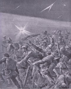Gevangen in prikkeldraadversperringen: Nachtelijke aanval door Britse infanterie, uit Geschiedenis van de Grote Oorlog Vol 3 gepubliceerd door Waverley Book Co Limited, ca. 1920 door Richard Caton Woodville
