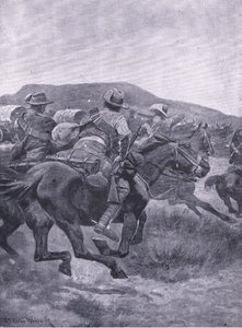 Yeomanry valt De Wets achterhoede en transport aan, uit Na Pretoria: De Guerrillaoorlog gepubliceerd door Harmsworth Bros Limited, 1901