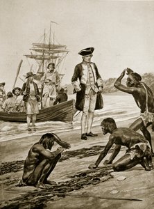 Kapitein Cook landt in Tasmanië, 1777, illustratie uit 