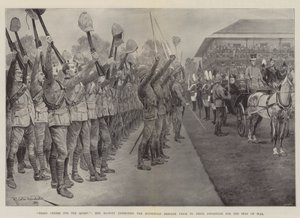 Drie hoeraatjes voor de koningin!, Hare Majesteit inspecteert de Household Brigade voor hun vertrek naar het oorlogsgebied