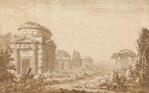 Klassiek Italiaans landschap met tempels en een verwoest aquaduct