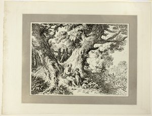 Oude Bomen met Oude Man, een Meisje en een Hond, uit de eerste uitgave van Specimens of Polyautography door Richard Corbould