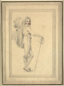 Volledig portret van een heer met een zwaard in de ene hand en een gevederde hoed in de andere door Richard Cosway