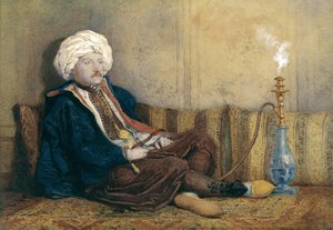 Portret van Sir Thomas Philips in oosterse kleding, liggend met een waterpijp