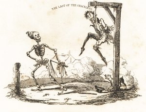 Vignet van een skelet en een man hangend aan een galg, 1827