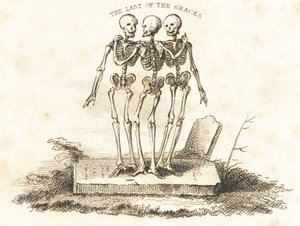 Vignet van drie skeletten op een grafsteen, 1827 (gravure)