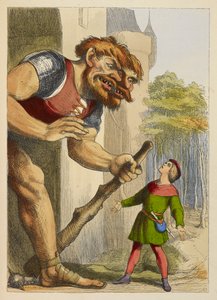Jack kijkt op naar een reus die twee hoofden heeft. De reus is Welsh. Kleurillustratie in een kinderboek. door Richard Doyle