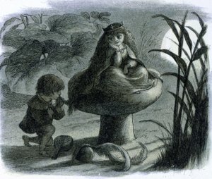 Een waterfee zittend op een paddenstoel wordt het hof gemaakt door een minnaar. In "Monde des fees" door Richard Doyle