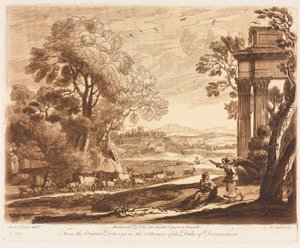 Liber Veritatis: Nr. 133, Een landschap, met vee, en de engel die Hagar troost door Richard Earlom