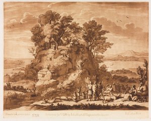 Liber Veritatis: Nr. 138, Een Uitzicht op de Zee met Christus die op de Berg Predikt (het water beneden is waarschijnlijk bedoeld als de Zee van Tiberias)