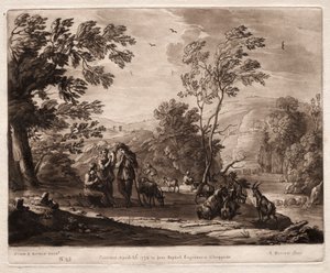 Liber Veritatis: Nr. 25, Een bergachtig en bebost landschap met herders..., 1774 door Richard Earlom