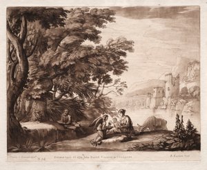 Liber Veritatis: Nr. 38, De rust van de Heilige Familie langs een rivier, 1774 door Richard Earlom