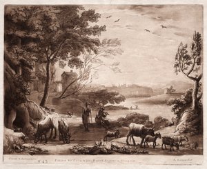 Liber Veritatis: Nr. 42, Een rivierlandschap met een herder en herderin en een kudde vee door Richard Earlom
