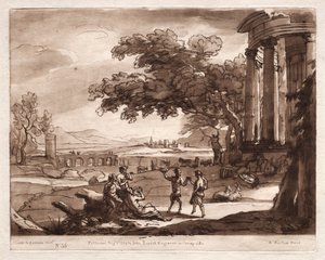 Liber Veritatis: Nr. 55, Een landschap met een tempel en een nimf en satyr die dansen door Richard Earlom