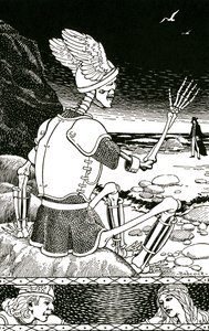 De dood als skelet die een man vaarwel zegt, ca. 1930 (litho) door Richard Fayerweather Babcock