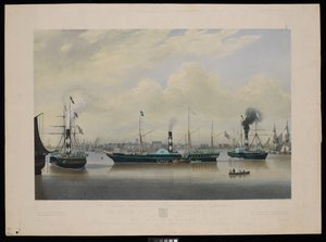 Aan de Humber Union Steam Packet Company deze gravure van het stoomschip Wilberforce in drie posities met een uitzicht op de haven en stad Hull