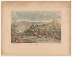 Heuvelachtig landschap met jagers en honden in een veld op hazenjacht door Richard Gilson Reeve