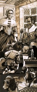 Een 17e eeuwse jongen knielt voor zijn vader in boetedoening (gouache op papier) door Richard Hook