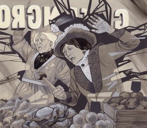 Suffragettes die ruiten ingooien (gouache op papier)