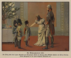 Koning Frederik Willem III en Koningin Louise van Pruisen met Kroonprins Frederik Willem, Prins Willem en Prins Frederik Louis in militaire uniformen, Kerstavond