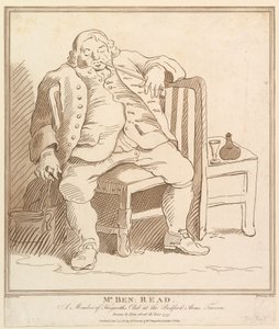 Mr. Ben: Read, een lid van Hogarths Club in de Bedford Arms Tavern, getekend, 27 november 1781 door Richard Livesay