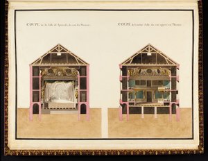 Doorsnede van de theaterzaal aan de kant van het theater & doorsnede van dezelfde zaal aan de tegenovergestelde kant van het theater, uit Recueil des plans du Petit Trianon door Richard Mique door Richard Mique
