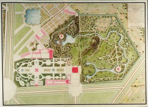 Plan des jardins français et champêtre du Petit-Trianon avec les masses du bâtiment, uit Recueil des plans du Petit Trianon door Richard Mique door Richard Mique