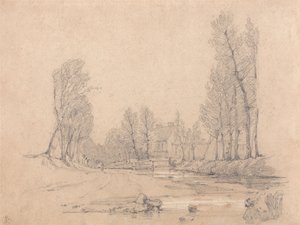 Een Beboste Stroom en een Boerderij in Normandië door Richard Parkes Bonington