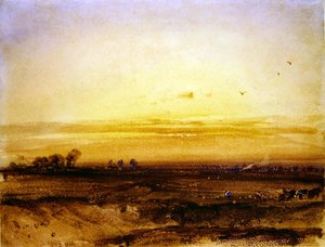Landschap met Oogsters bij Zonsondergang