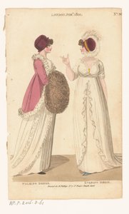 Magazine van vrouwelijke mode van Londen en Parijs. No. 36. Londen Feb., 1801: Wandeljurk; Avondjurk