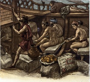 Het leven van de galeislaven aan boord van een Griekse galei in de oudheid. Illustratie door Richard Ranft (1862-1931) 1909 door Richard Ranft