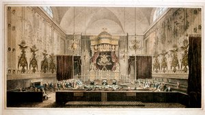 Uitzicht op het Hogerhuis, het hogerhuis van het Parlement van Groot-Brittannië (Gravure) door Richard Rothwell