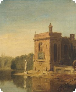 Een meer met een paviljoen en een standbeeld, Italië door Richard Wilson