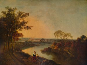 Een Engelse rivier bij zonsondergang, in de verte de Welshe heuvels, ca. 1760, 1938 door Richard Wilson