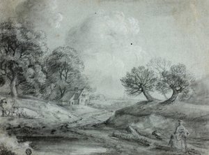 Landschap met vrouw en koeien (recto); schets van een landschap (verso) door Richard Wilson
