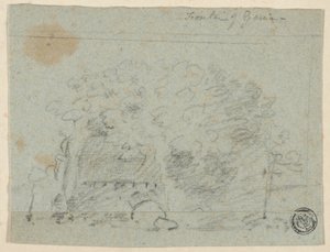 Schets van bomen bij brug (recto); Schets van gebouw (verso) door Richard Wilson