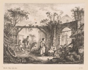 Gezicht op een binnenplaats met een doorkijk door een poort naar een huis
