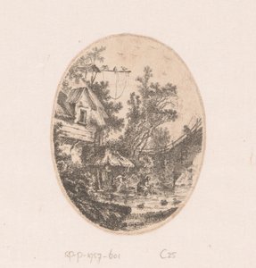 Gezicht op een rivier waarin vrouwen de was doen door Richard de Saint Non