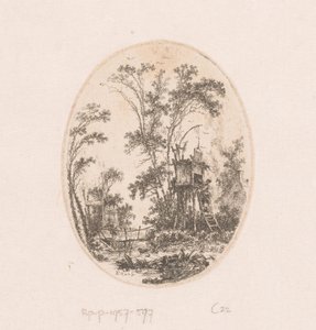 Landschap met houten bouwwerk op palen, links een vrouw op een brug door Richard de Saint Non