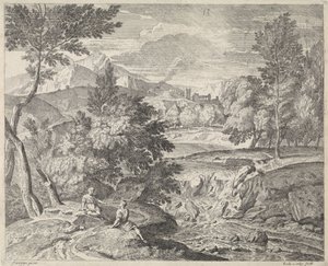 Arcadisch landschap met twee figuren bij een waterval door Richard van Orley (II)