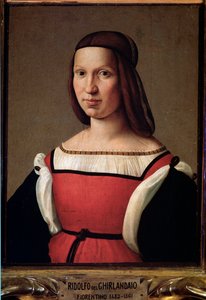 Portret van een dame uit de lagere klassen in een rode jurk met pofmouwen (Schilderij) door Ridolfo Il  Ghirlandaio