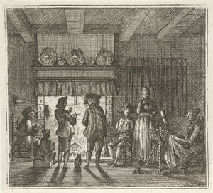 Interieur met figuren bij open haard