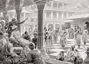 Akbar speelt pachisi of chaupur met levende stukken in Fatehpur Sikri in 1575, uit Hutchinson