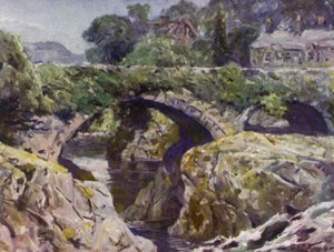 De oude brug, Bettws-y-Coed (kleur litho) door Robert (after) Fowler